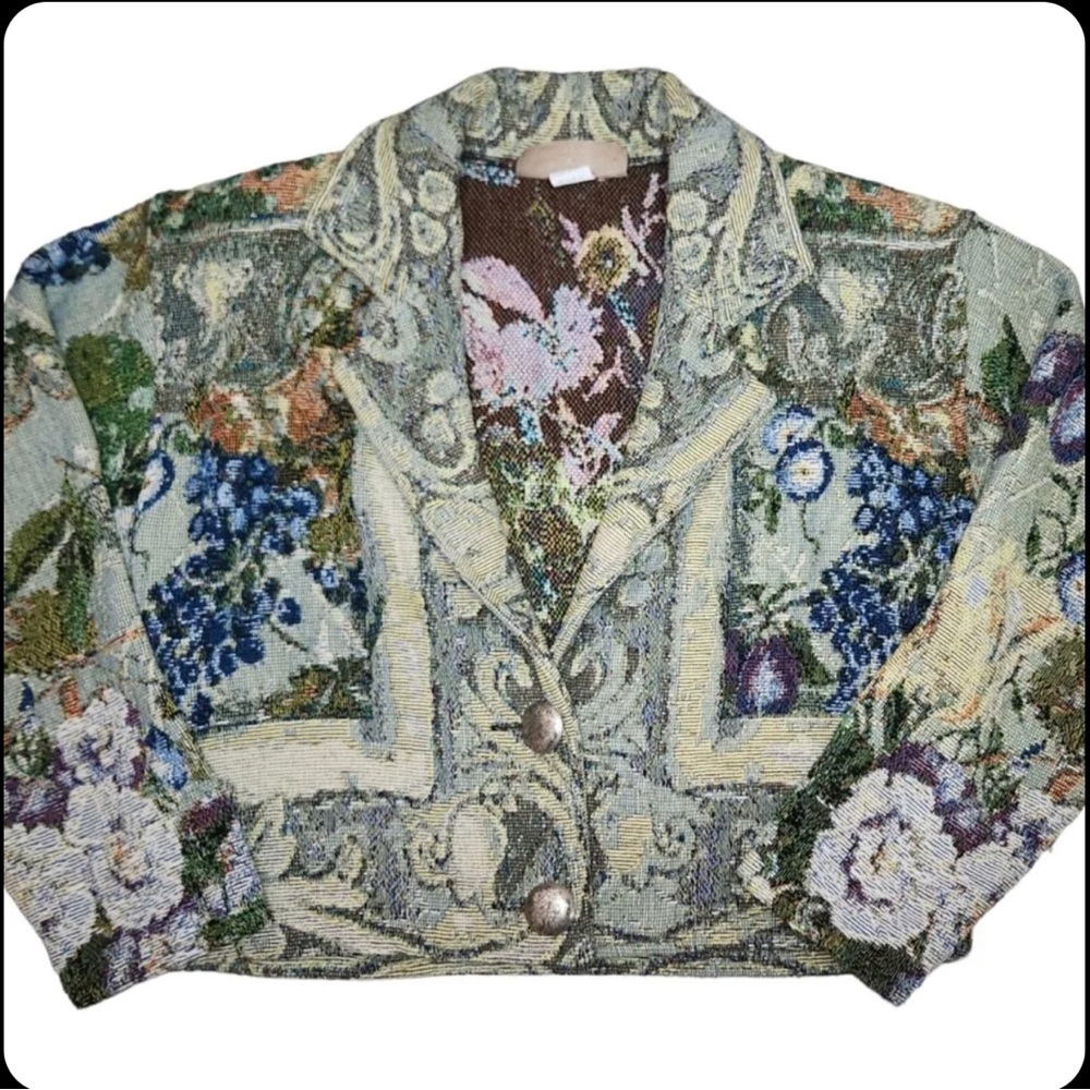 Painted Pony Womens Small Green Floral Tapestry Button Front Cropped Jacket USA